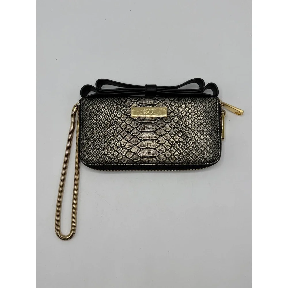 ZAC Zac Posen Metallic Snake Embossed Bow Zip Around Wristlet Wallet AS IS